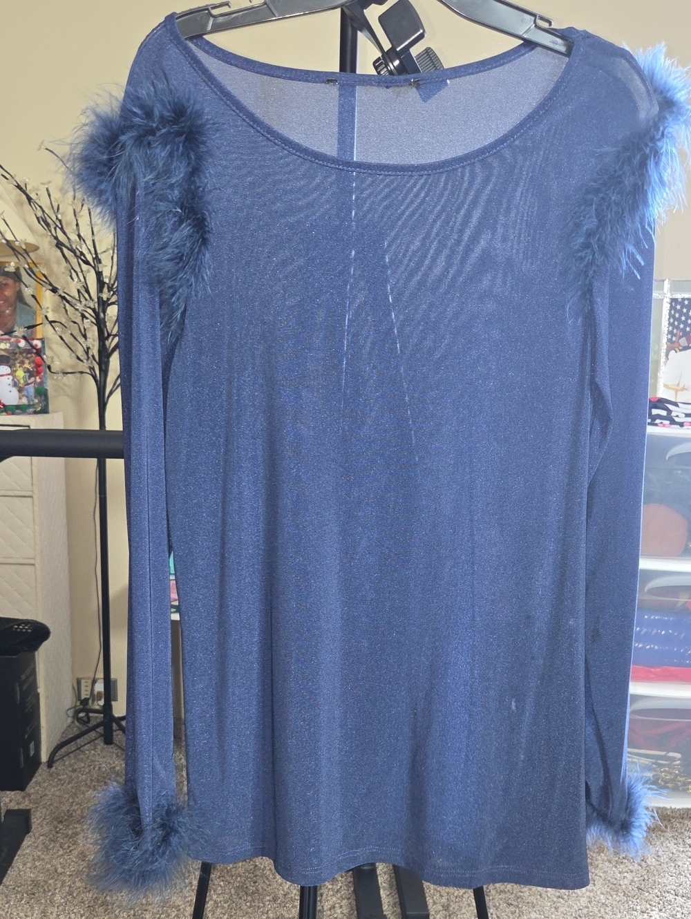 Navy Long Sleeve Top with Feather Trim